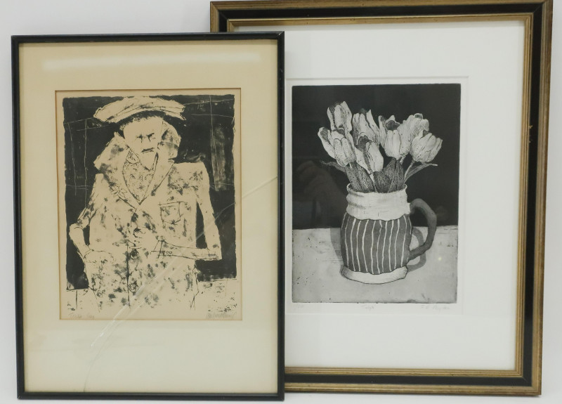 F.E. Peyton "Tulips" Etching; "Trash Guy" Print
