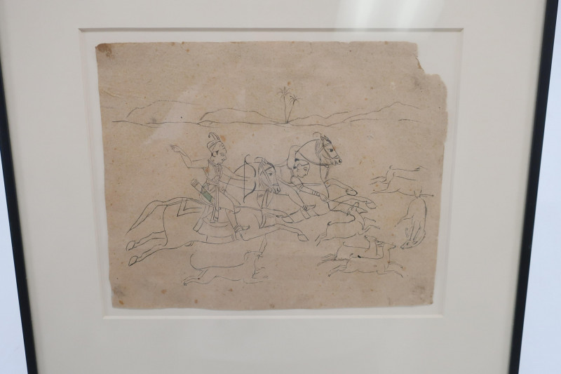 18th C. Indian Hunt Scene Study, ink on paper