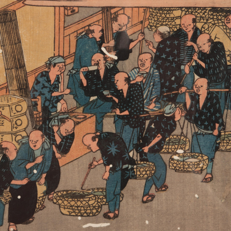Utagawa Hiroshige, Fish Market at Zakoba, woodcut