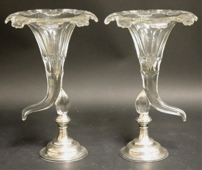 Image for Lot Pair Cut Glass Cornucopia Vases W/ Sterling Bases