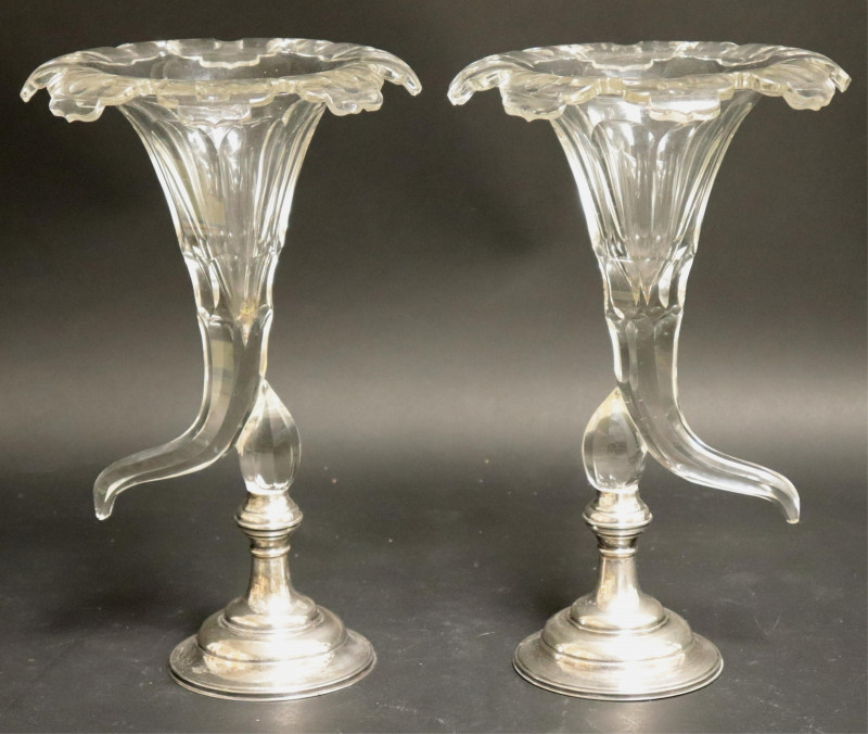 Pair Cut Glass Cornucopia Vases W/ Sterling Bases