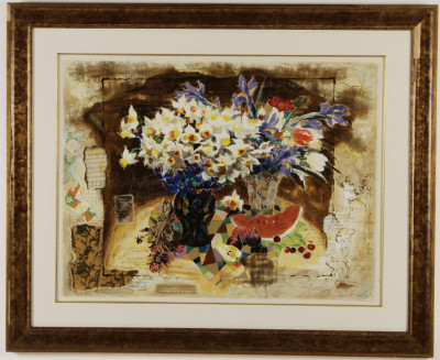 Image for Lot 20th C. Still Life Litho, Flowers, Melon, Figures