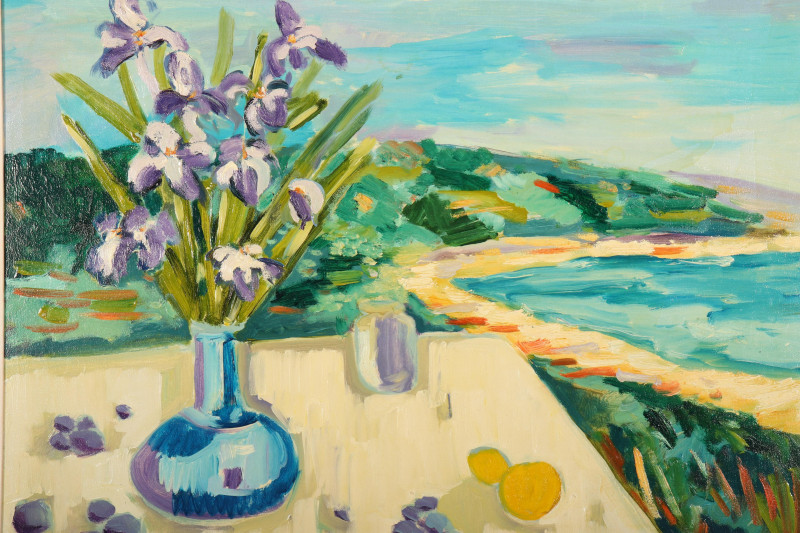 Irises in a Blue Vase on an Outdoor Table, O/C