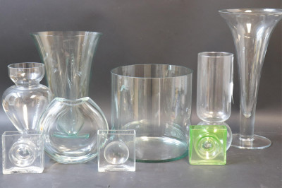 7 Clear & 2 Green Tinted Vases