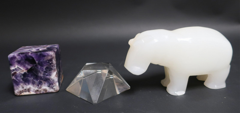 3 Hardstone/Glass Paperweights & Rhino