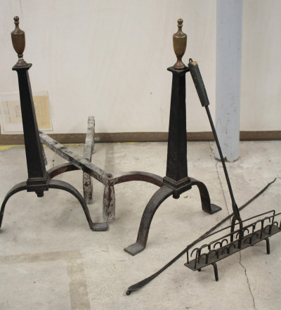 Image for Lot Obelisk Column Form Iron Andirons; Accessories