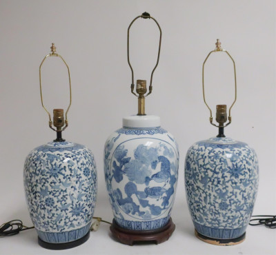 3 Blue & White Chinese Style Porcelain Lamps