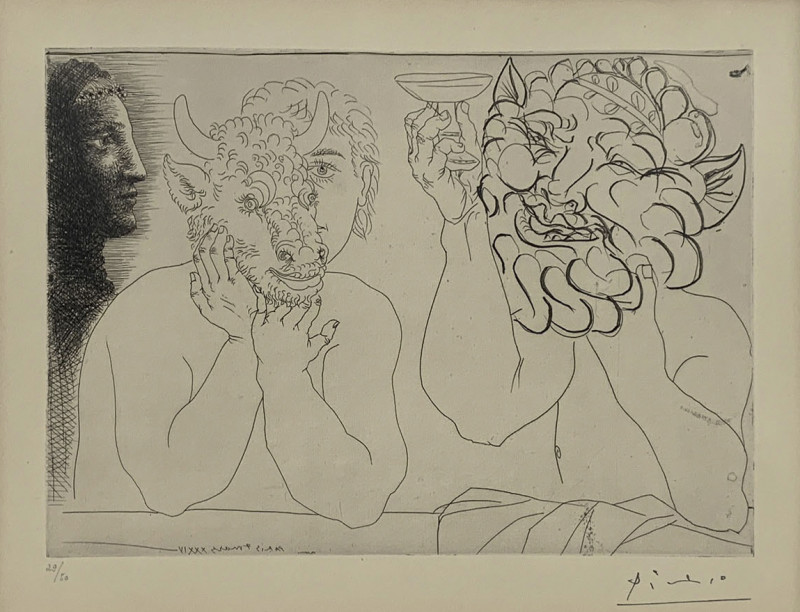 Pablo Picasso - Caisse a Remords: Jeune homme au masque de taurea, faune et profil de femme ( B.279)