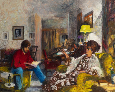 Image for Lot Pierre Roussel - Interior with woman seated and young man reading