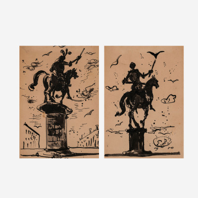 Eugene Berman - Two drawings of equestrian statues