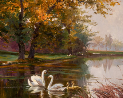 Image for Lot Jules Girardet (attrib) - Family of Swans