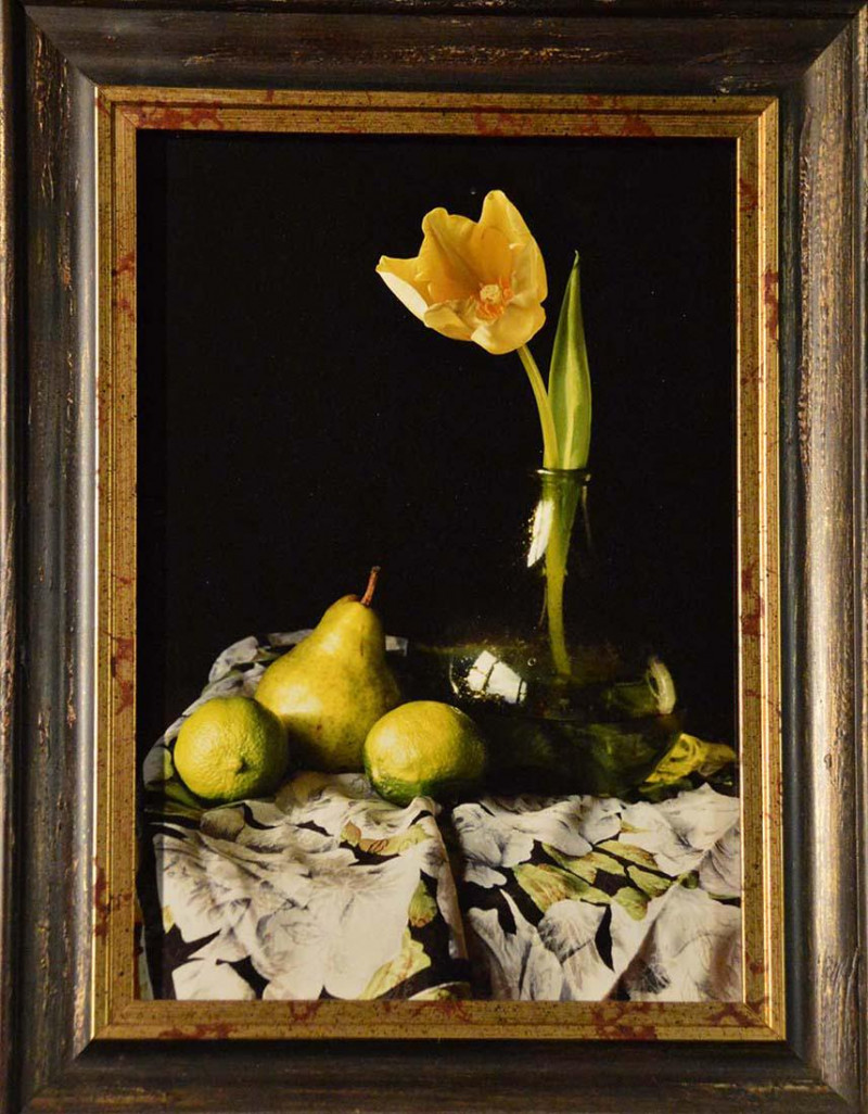 Bo Kass - Yellow Tulip, Fruit, & Green Glass Bottle