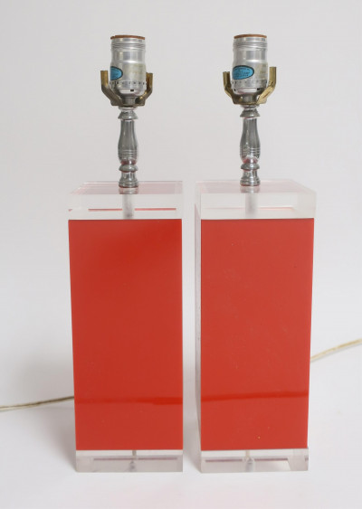 Image for Lot Pair of Mid Century Red & Clear Lucite Table Lamps