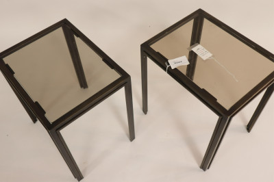 Pr 1970's Patinated Brass & Smoke Glass End Tables