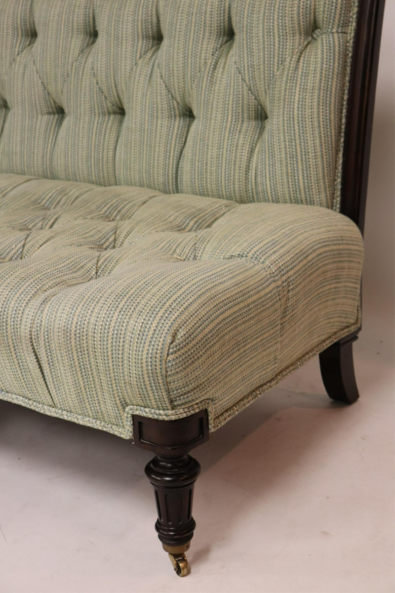 Victorian Wood Upholstered Settee & Rattan Stool