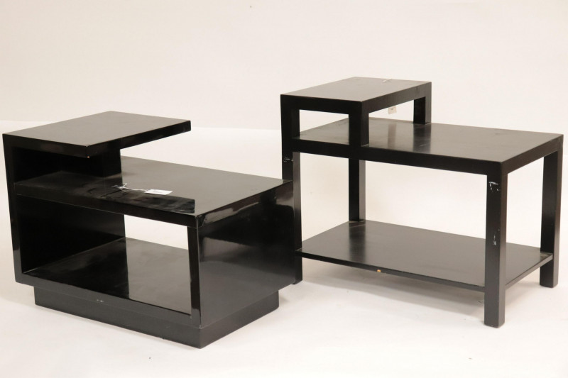 Two Black Lacquer & Painted Stepped End Tables