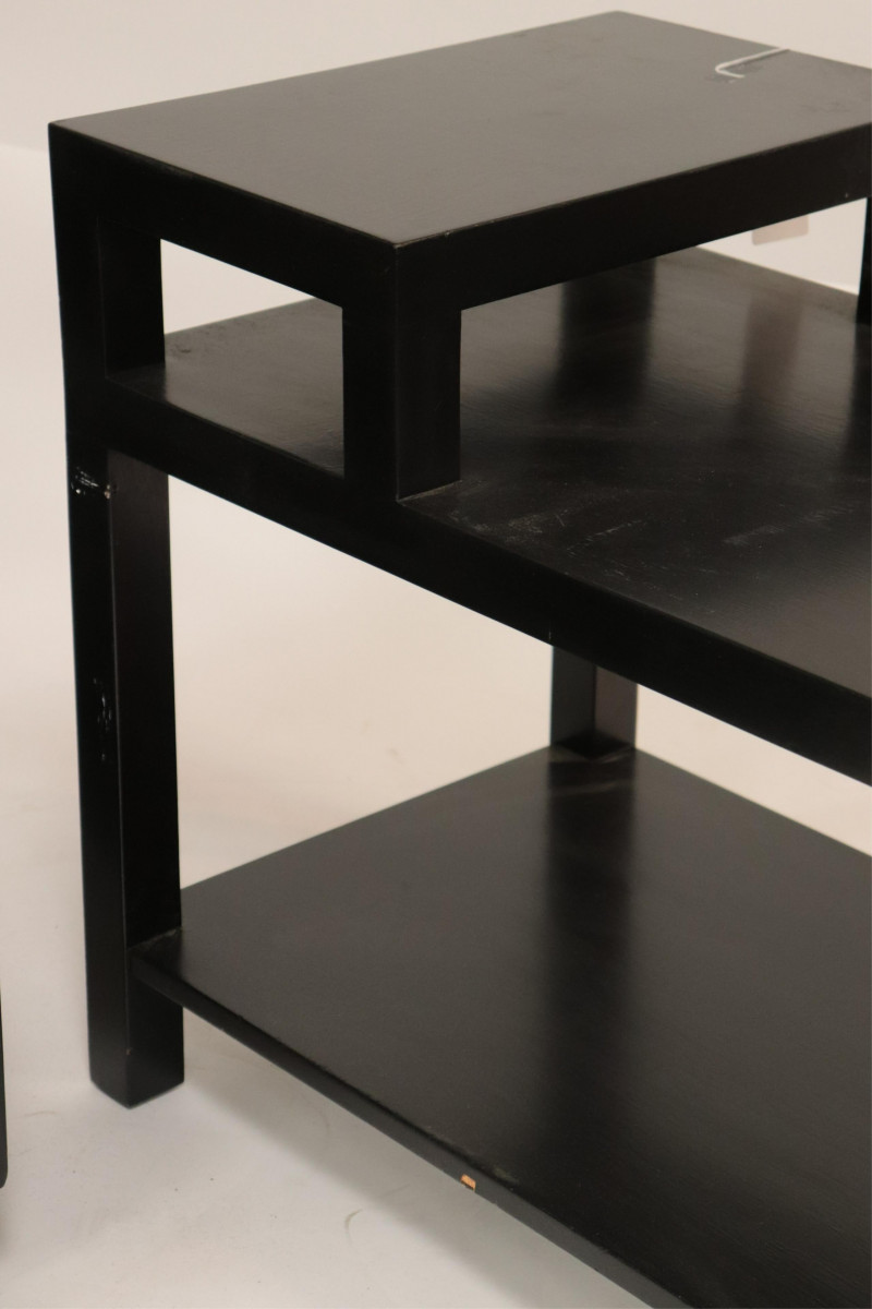 Two Black Lacquer & Painted Stepped End Tables