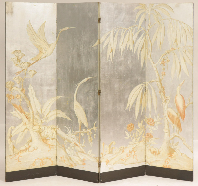 Art Deco Painted & Silver 4 Panel Screen, 1935