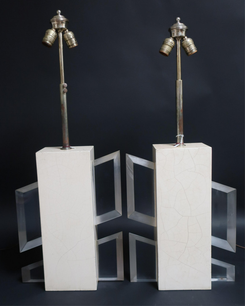 Pair 1970's White Lacquer & Lucite Lamps