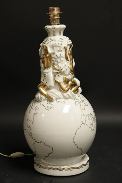 Image for Lot French Art Deco Gilt White Ceramic Globe Lamp