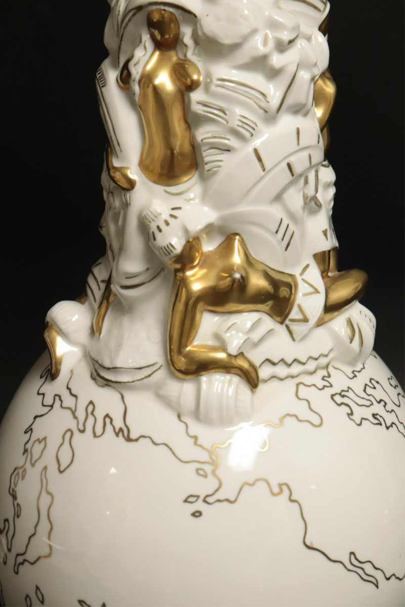 French Art Deco Gilt White Ceramic Globe Lamp