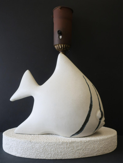 Image for Lot MCM Ceramic & Stippled Wood Angel Fish Lamp