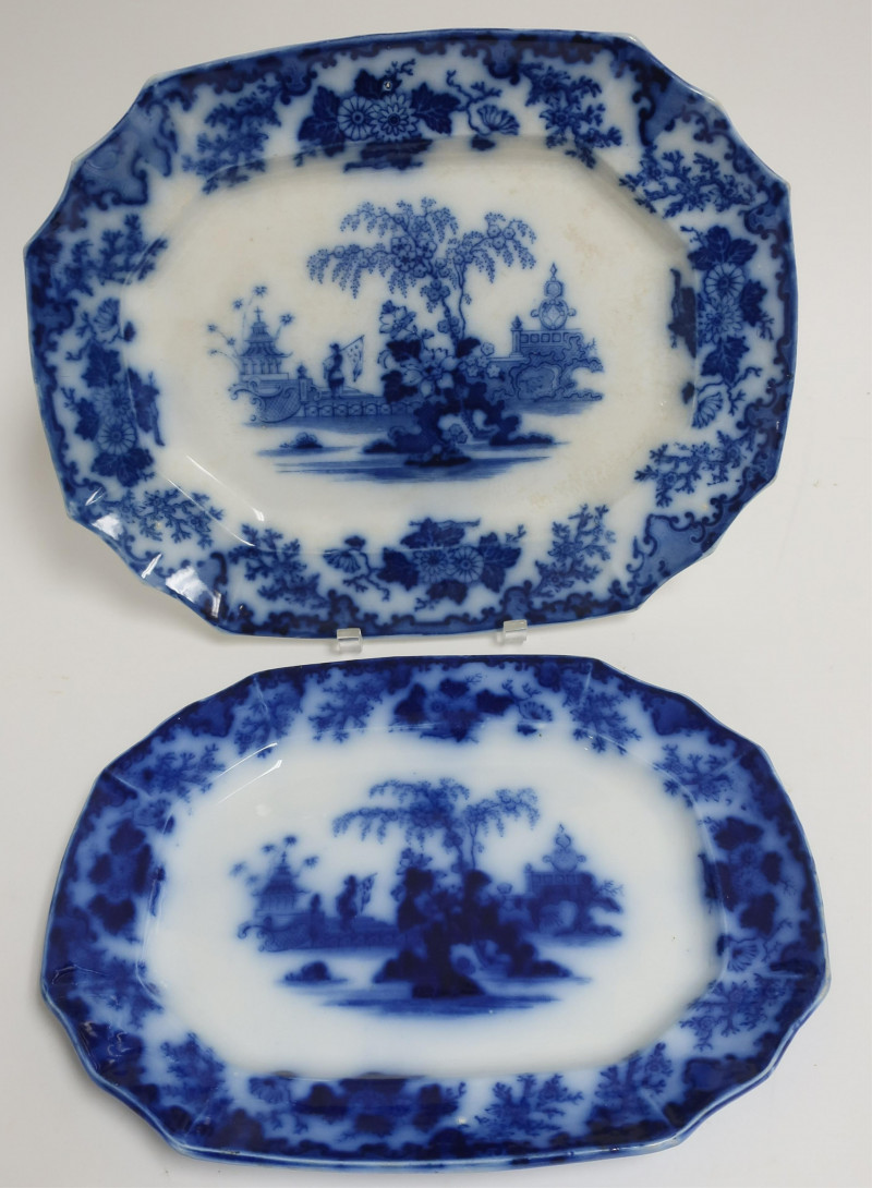 2 Flow Blue 'Scinde' Transferware Platters, 19th C