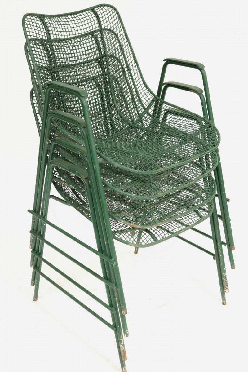 5 Mid Century Green Painted Metal Mesh Chairs