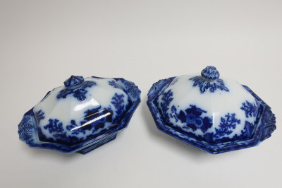 2 Flow Blue 'Scinde' Transferware Covered Dishes