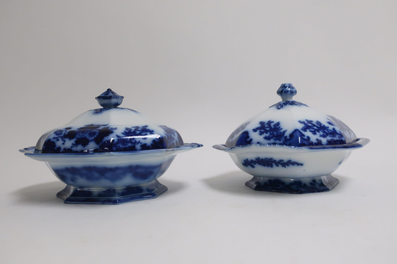 2 Flow Blue 'Scinde' Transferware Covered Dishes