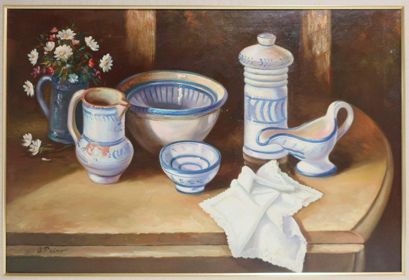 J. Piero, Still Life of Ceramic Vessels, O/C