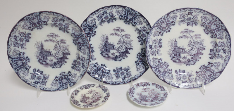 5 Simla Lavender Mulberry Ironstone Plates, 19th C
