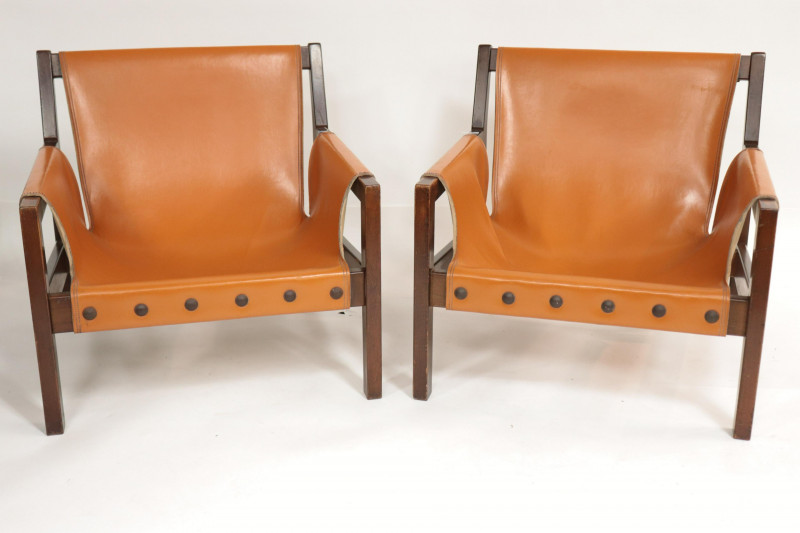 Jorge Zalszupin Style Leather & Wood Armchairs