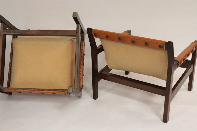 Jorge Zalszupin Style Leather & Wood Armchairs