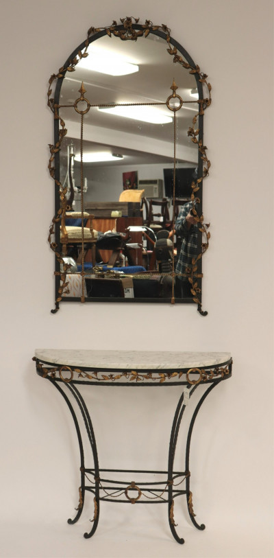 Image for Lot Neoclassic Parcel Gilt Wrought Iron Console/Mirror