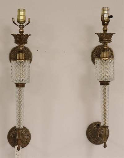 Image for Lot Pair Hollywood Regency Glass & Brass Wall Lights