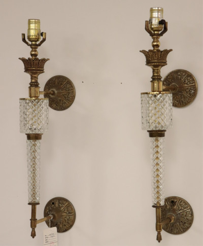 Pair Hollywood Regency Glass & Brass Wall Lights