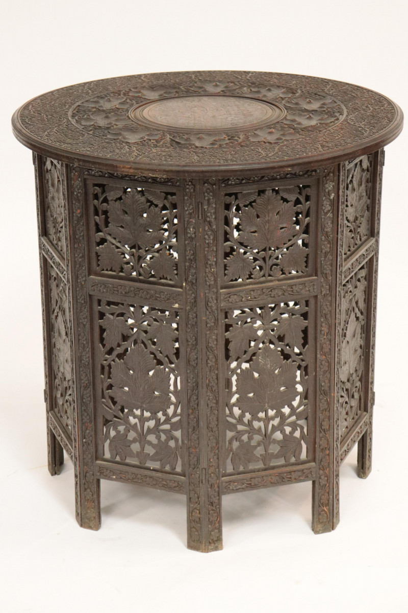 Burmese Style Brass Inlaid Carved Teak Side Table