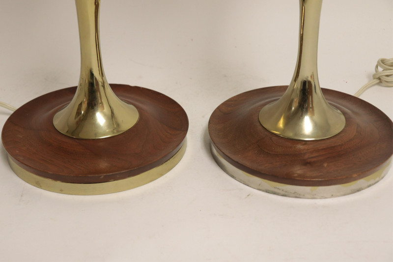 Pr Mid Century Brass & Walnut Amorphous Lamps