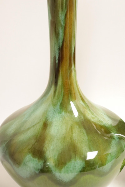 Midcentury Green Flambe Ceramic & Brass Lamps