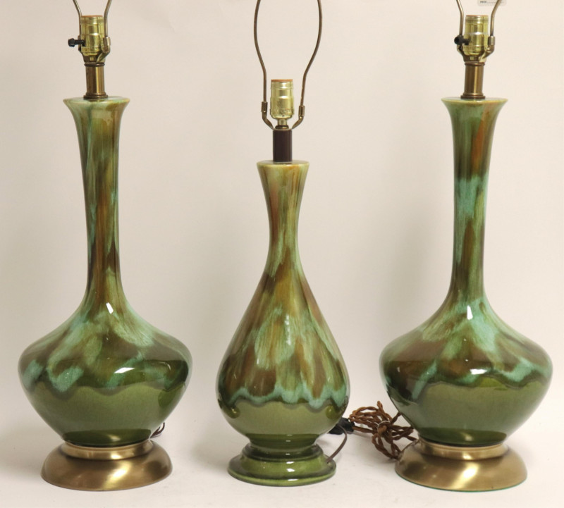 Midcentury Green Flambe Ceramic & Brass Lamps