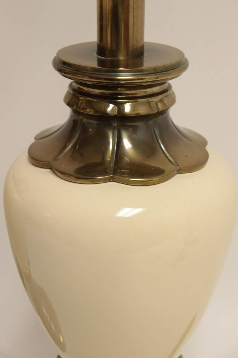Pr Mid Century Stiffel Cream Ceramic & Brass Lamps