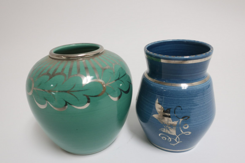 2 Silver Lustre Blue/Green Vases, Wedgwood