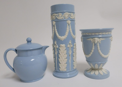 Image for Lot 3 High Glaze Wedgwood Light Blue Covered Vases
