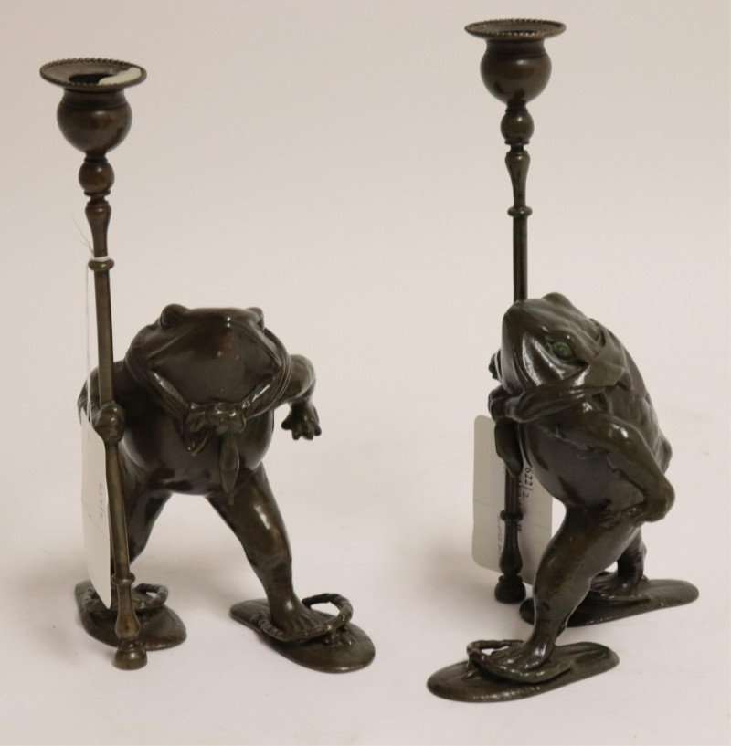 Pair Patinated Bronze "Bullfrog" Candlesticks