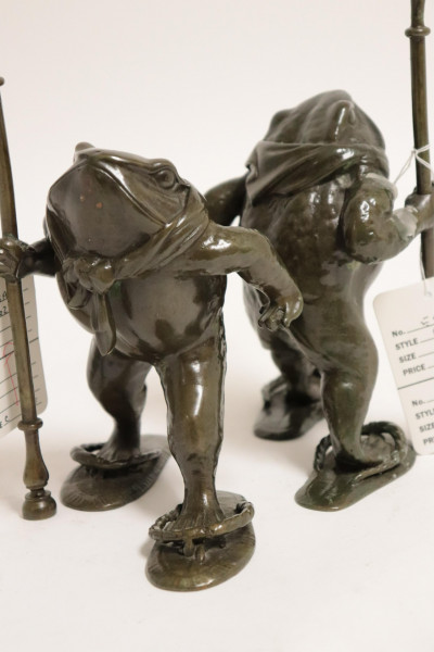 Pair Patinated Bronze "Bullfrog" Candlesticks