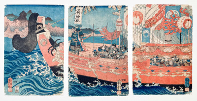 Image for Lot Utagawa Kuniyoshi - Takeshiuchi no Sukune Sails Toward Korea, Triptych