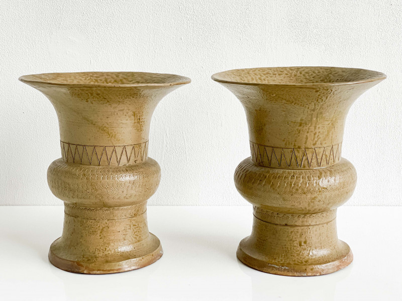 Pair Chinese Ash Glazed Zun Form Ceramic Vases