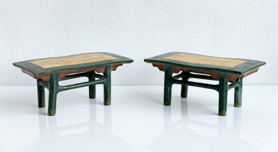 Chinese Green and Amber Glazed Ceramic Model of an Offering Table, Group of 3