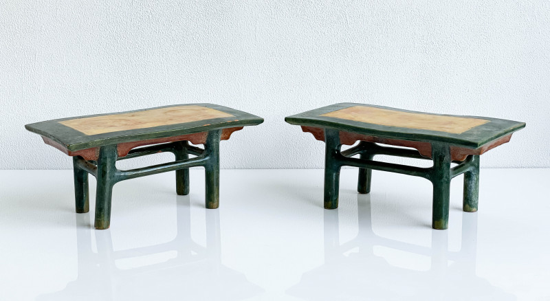 Chinese Green and Amber Glazed Ceramic Model of an Offering Table, Group of 3